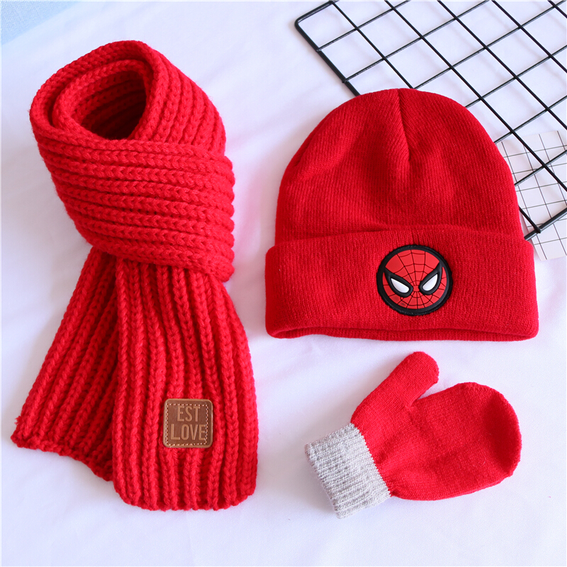 迪鲁奥（DILUAO)三件套儿童毛线帽子围巾秋冬男女童婴儿宝宝纯棉保暖套头针织帽潮 红色猪猪侠+红巾+红手套 1-3岁