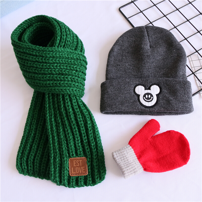 迪鲁奥（DILUAO)三件套儿童毛线帽子围巾秋冬男女童婴儿宝宝纯棉保暖套头针织帽潮 灰色米奇头+绿巾+红手套 4-10岁