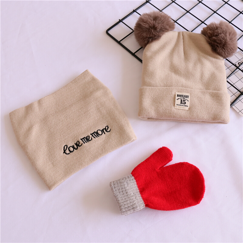 迪鲁奥（DILUAO)三件套儿童毛线帽子围巾秋冬男女童婴儿宝宝纯棉保暖套头针织帽潮 米色15贴标+米巾+红手套 4-10岁