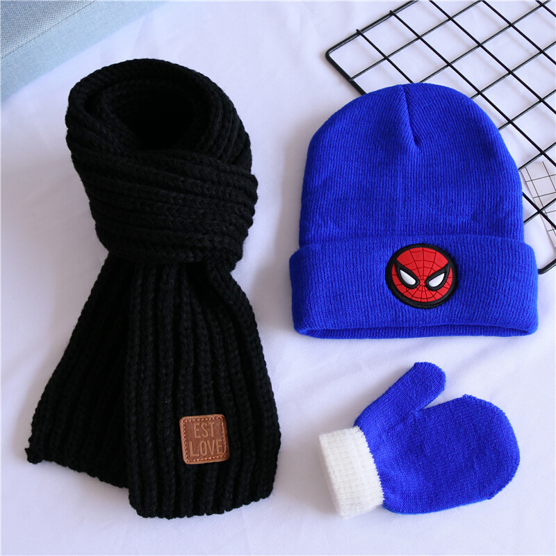 迪鲁奥（DILUAO)三件套儿童毛线帽子围巾秋冬男女童婴儿宝宝纯棉保暖套头针织帽潮 蓝色猪猪侠+黑巾+蓝手套 4-10岁