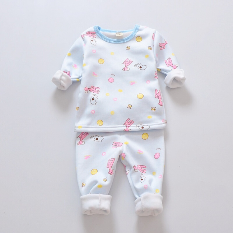 迪鲁奥（DILUAO)三岁女宝宝保暖内衣1岁3加绒加厚0女婴儿童秋衣秋裤套装纯棉外穿2 100长颈鹿加绒加厚(蓝色) 80cm/建议1-1周岁半