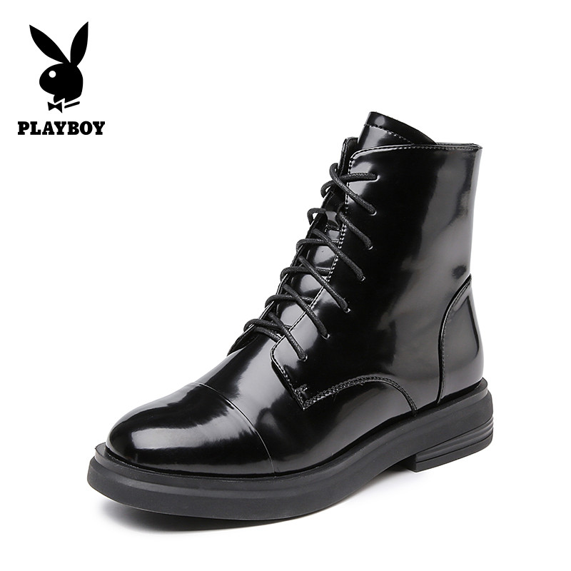 PLAYBOY/花花公子冬季加绒纯色休闲韩版侧拉链设计圆头粗跟时尚网红瘦瘦短靴女K12999260 黑色 37码