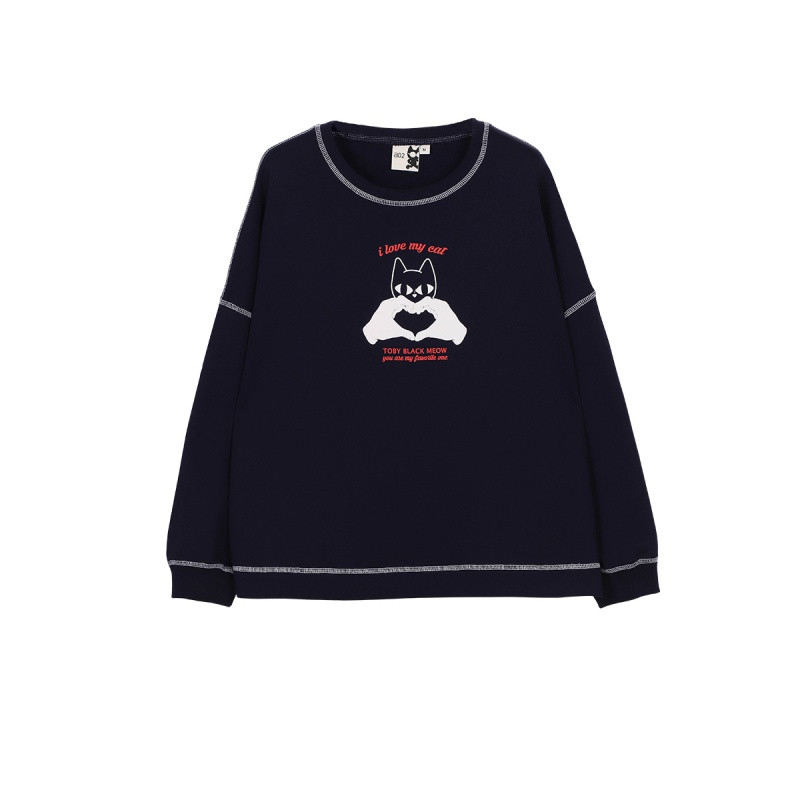 a02新款时尚减龄个性卡通印花宽松显瘦卫衣女DTU5BA021KT 宝蓝色(花布)-698 S