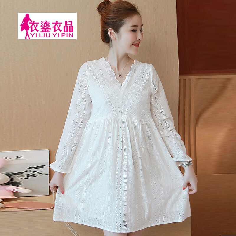 迪鲁奥（DILUAO)孕妇装2019秋冬韩版新款棉刺绣V领长袖孕妇裙子 喂奶哺乳白色孕妇连衣裙_756 白色 L建议115-130斤