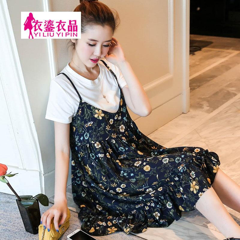 迪鲁奥（DILUAO)孕妇装夏装2019夏装新款碎花孕妇裙休闲T恤孕妇背带裤大码孕妇套装宽松孕妇连衣裙_900 藏青碎花 S建议90-105斤