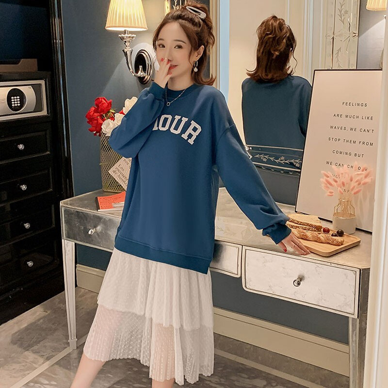 迪鲁奥（DILUAO)孕妇装2019秋冬新款孕妈装潮妈时尚小香风假两件连衣裙纯棉上衣孕妇裙子_328 默认颜色 L建议115-130斤