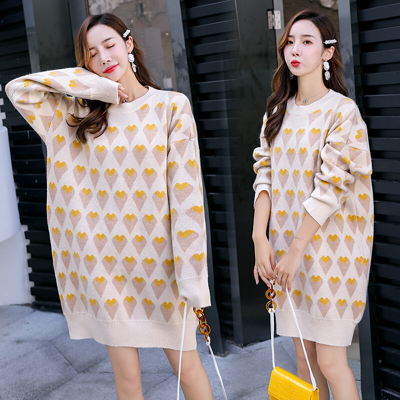迪鲁奥（DILUAO)孕妇装秋冬装套装孕妇毛衣时尚中长款套头爱心针织打底衫上衣外穿怀孕期 米色毛衣 均码【适合约_480 米色毛衣 默认尺寸