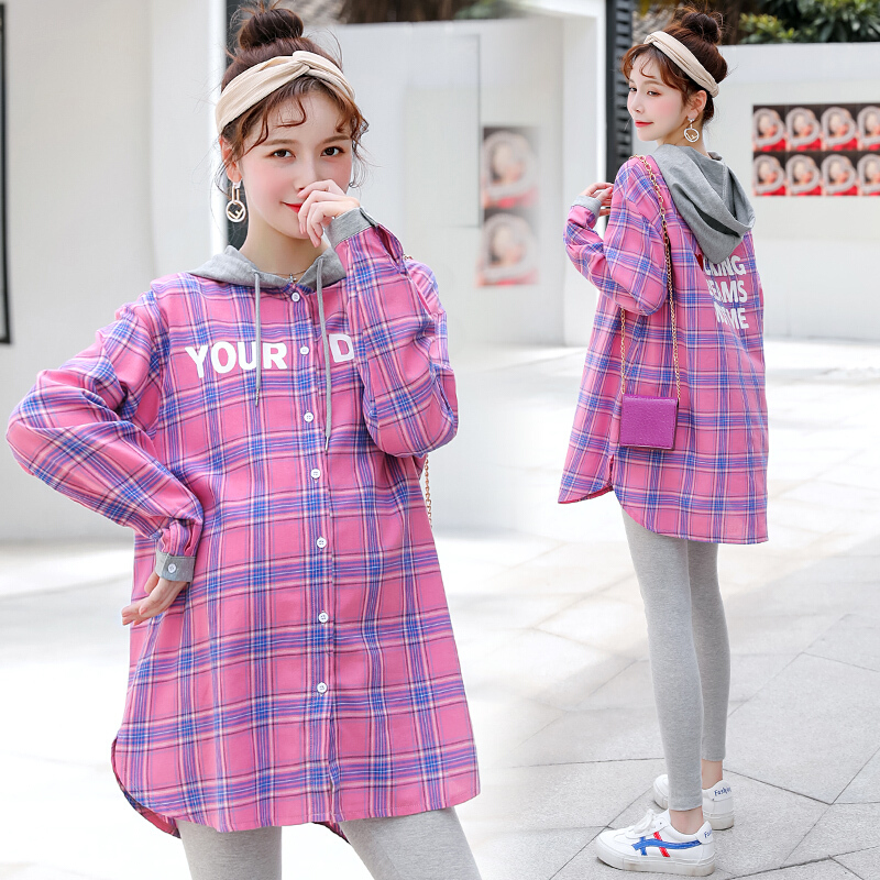 迪鲁奥（DILUAO)孕妇装秋装棉质长袖衬衣格子外穿秋装新款中长款连帽上衣外套怀孕期_315 粉格上衣 M【适合约90-115斤】