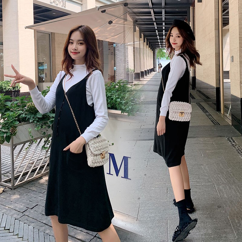 迪鲁奥（DILUAO)孕妇装毛衣针织衫孕妇秋季中长款洋气两件套长袖孕妇装秋款套装时尚潮妈 杏色 均码_490 黑色 默认尺寸