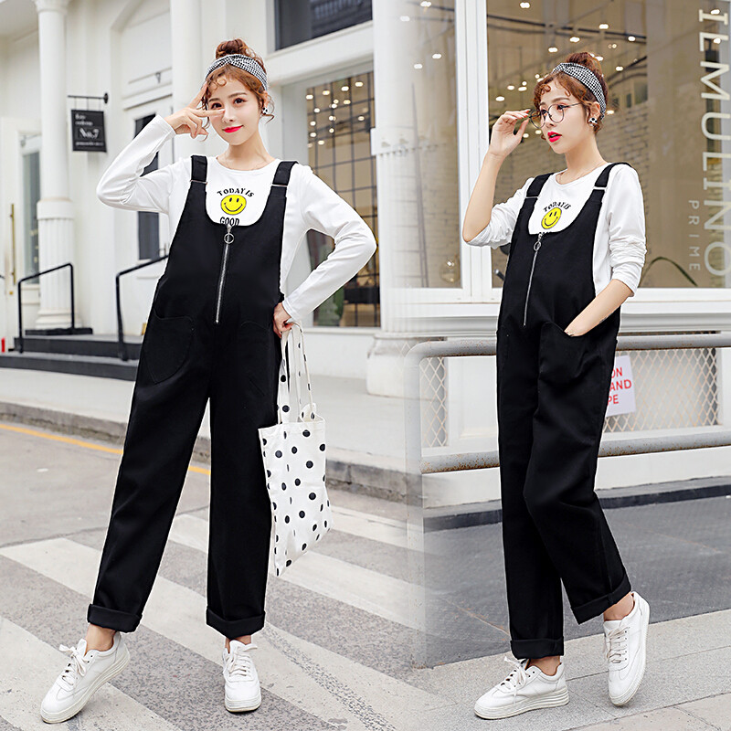 迪鲁奥（DILUAO)孕妇装秋装纯棉背带裤套装秋季休闲裤子时尚秋款潮妈新款外穿宽松_423 黑色裤子+模特同款打底衣【一套】 L【适合约115-130斤】