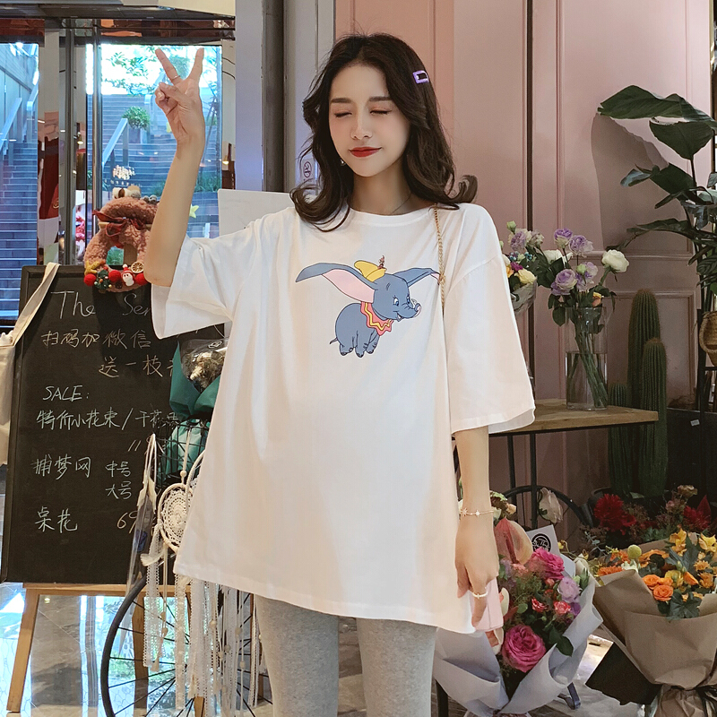 迪鲁奥（DILUAO) 孕妇装夏季新款小飞象宽松时尚短袖T恤上衣大码孕妇套装两件套 白色上衣 L(建议体重110-125斤)