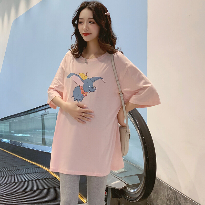 迪鲁奥（DILUAO) 孕妇装夏季新款小飞象宽松时尚短袖T恤上衣大码孕妇套装两件套 浅粉色上衣 M(建议体重90-110斤)