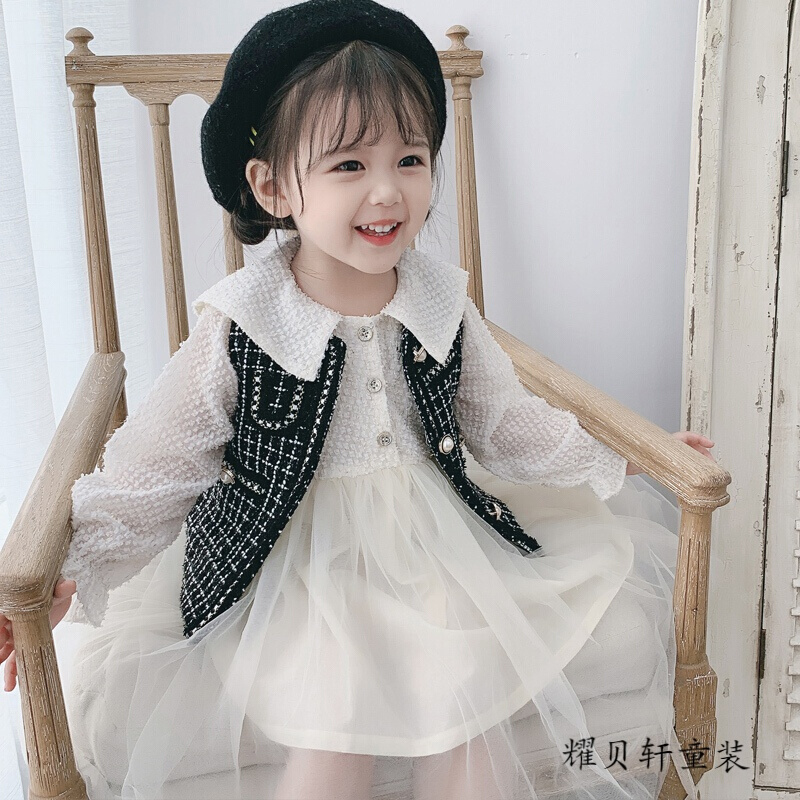 迪鲁奥（DILUAO)婴儿童春秋装1岁半女宝宝洋气套装2女童时尚两件套3小孩衣服4小童 黑色马甲+米色裙子 90cm(1-2岁)