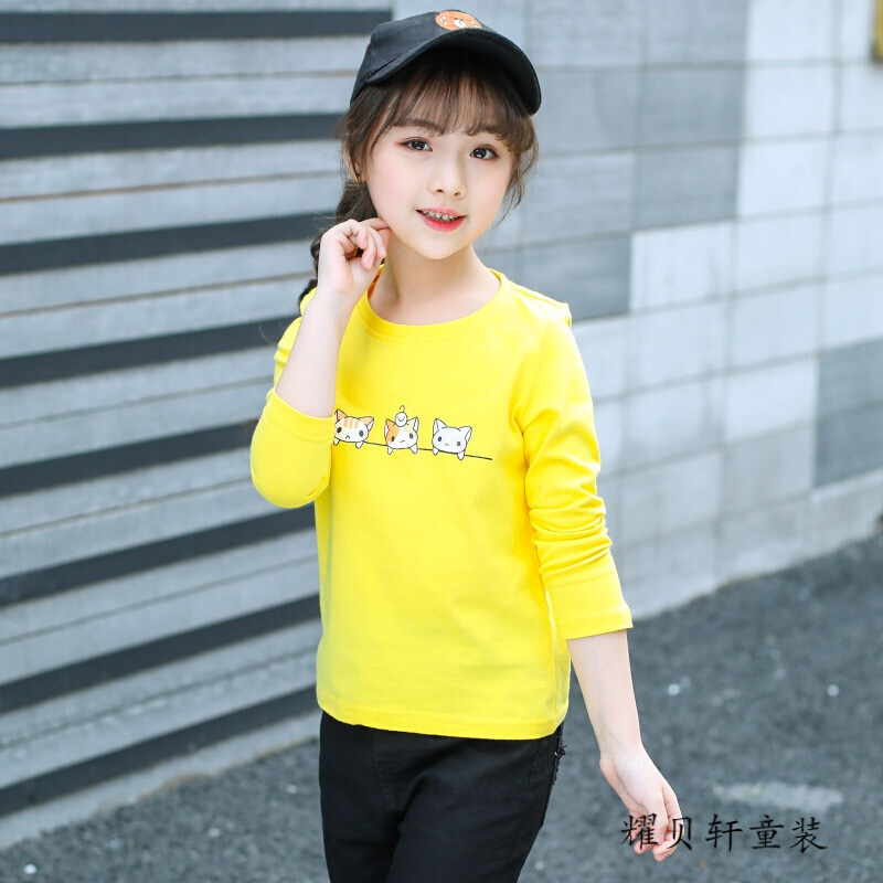 迪鲁奥（DILUAO)2019新款童装女童打底衫女孩长袖T恤宝宝上衣儿童体恤春夏装 三只猫黄 130cm(130cm【3件领券减5元】)