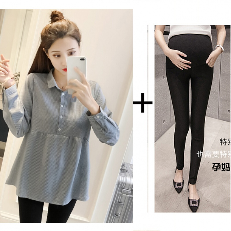 迪鲁奥（DILUAO)孕妇装套装时尚款2019新款秋装孕妇衬衫外出潮妈娃娃衫上衣两件套 天蓝上衣+黑色长裤 XXXL