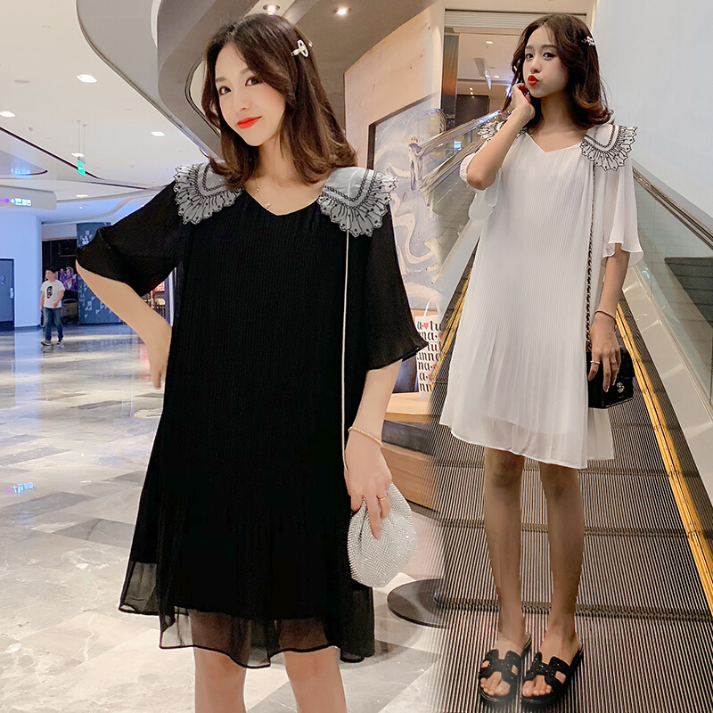 迪鲁奥（DILUAO)孕妇装2019夏季新款韩版显瘦娃娃领超仙褶皱连衣裙孕妇裙夏装_615 黑色 XXL