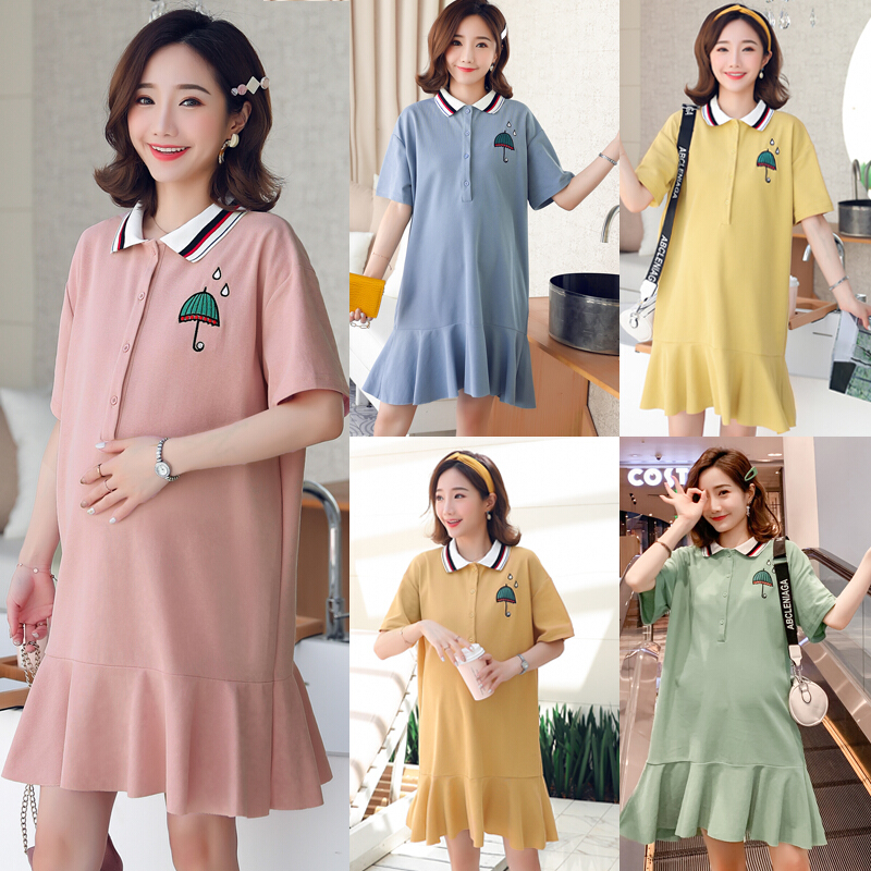 迪鲁奥（DILUAO)!中长款POLO领T恤女短袖夏装孕妇装ins洋气鱼尾裙可哺乳上衣 黄色 M
