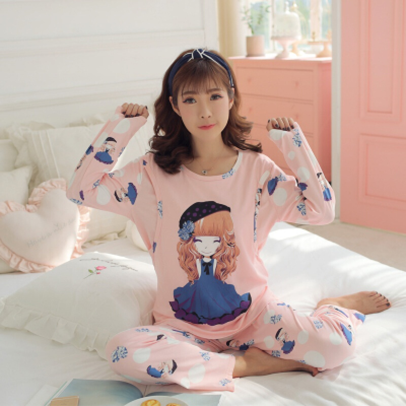 迪鲁奥（DILUAO)大码月子服孕妇睡衣棉布200斤加肥加大春秋季产后哺乳期夏天薄款 百合姑娘圆领 M