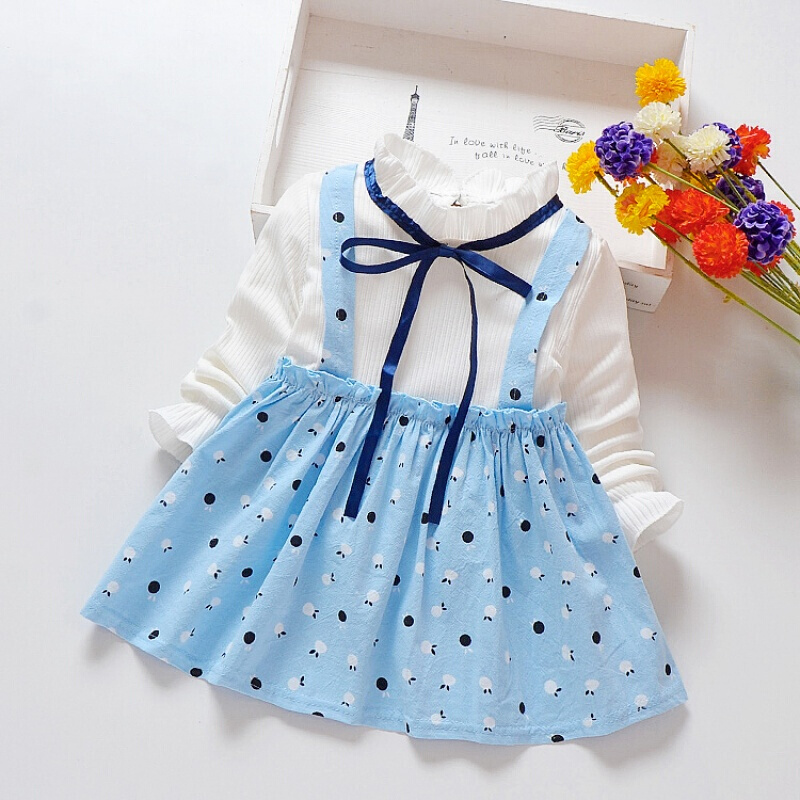 迪鲁奥（DILUAO)女宝宝春2019新款1-2-3-4岁衣服婴儿幼童公主长袖裙子女童连衣裙 丝带苹果蓝色 4XL(120cm)