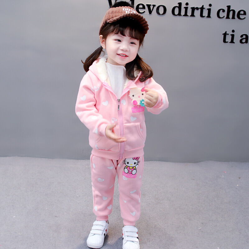 迪鲁奥（DILUAO)0-1-2周岁女宝宝卫衣套装3女童加绒加厚运动两件套婴儿衣服秋冬装 加绒爱心猫粉 80cm