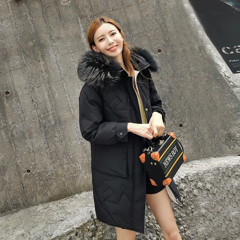雪中飞2019新款女装秋冬韩版简约时尚大毛领宽松加厚休闲百搭中长款羽绒服女_1 黑色 180/100A(2XL)