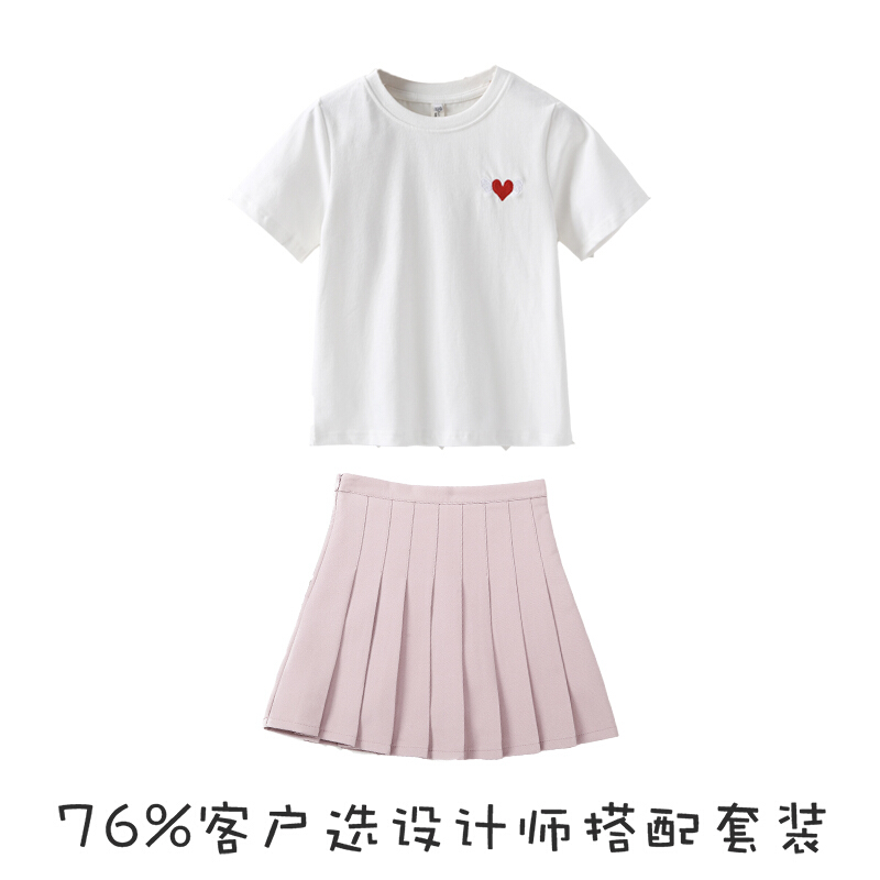迪鲁奥（DILUAO)2019新款童装女童短裙春女孩百搭白百褶裙子表演儿童四季半身裙Sy 粉色八褶裙+爱心T恤【两件套】 150cm