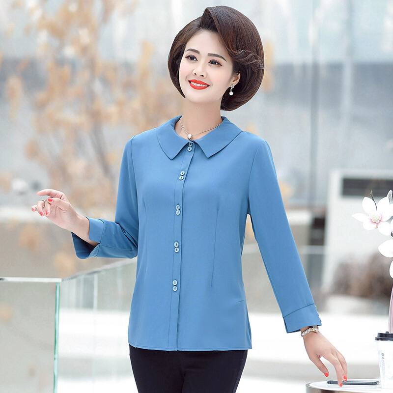 迪鲁奥（DILUAO)妈妈秋装娃娃领长袖衬衫中年妇女40岁50上衣服中老年时尚两件套装_193 5XL(145-160斤) 蓝色上衣