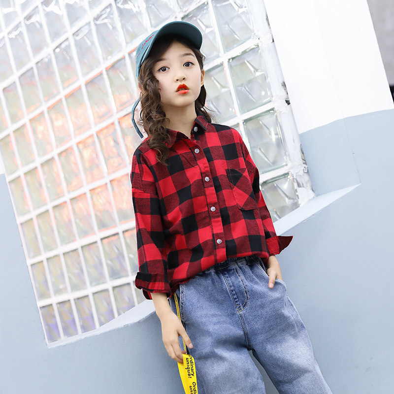 迪鲁奥（DILUAO)女童格子衬衫秋装2019新款韩版儿童中大童春秋长袖衬衣小女孩上衣 红色(红黑格) 110cm