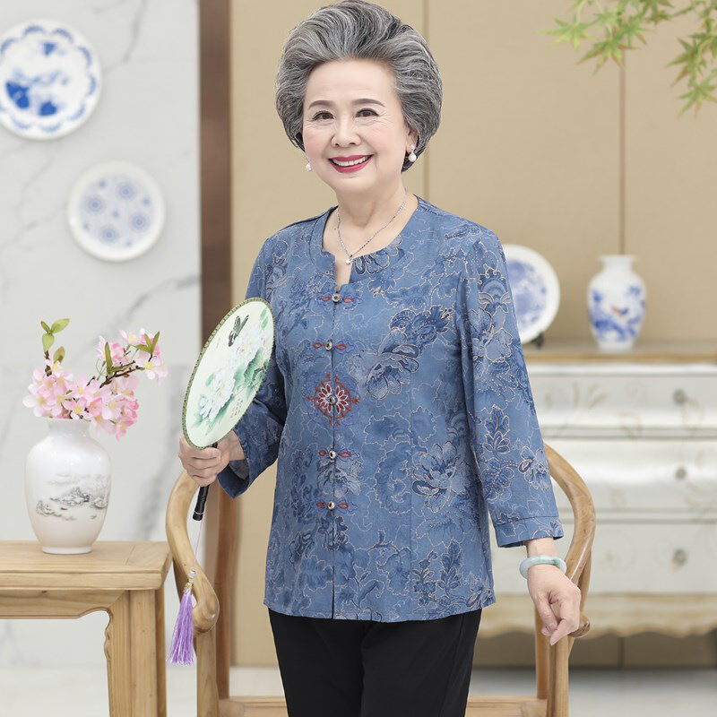 迪鲁奥（DILUAO)高端轻奢老年人奶奶装长袖70岁老太太中女装妈妈装秋装上衣老人衣服女_598 5xl145-155斤 青色上衣