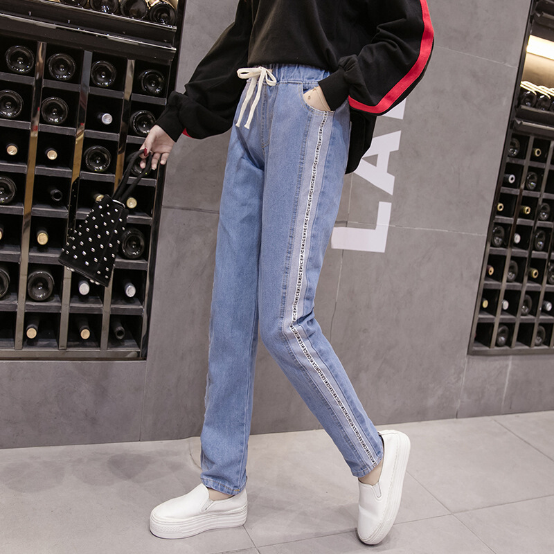 迪鲁奥（DILUAO)牛仔裤子女生春秋装2019新款初中高中学生宽松休闲百搭松紧腰长裤_210 6677浅蓝色长裤 4XL