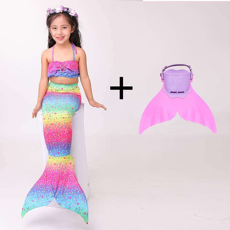 迪鲁奥（DILUAO)儿童美人鱼尾巴公主裙子服装 女童女孩美人鱼的衣服套装游泳衣_743 彩虹三件套+脚蹼 160cm