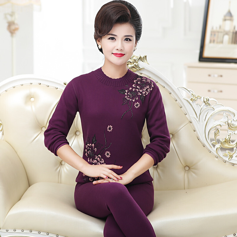 迪鲁奥（DILUAO)妈妈保暖内衣套装加绒加厚中老年码女士全棉高领秋衣秋裤冬季_549 王紫红 XXL