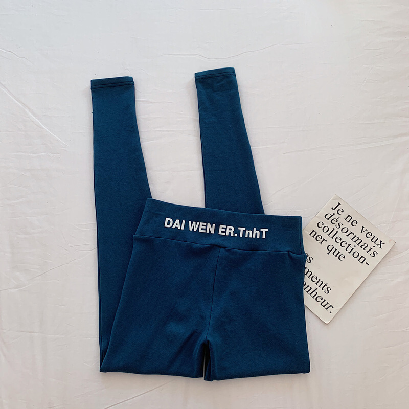 迪鲁奥（DILUAO)抖音网红九分打底裤女外穿春秋2019新款运动高腰修身显瘦灰色紧身小脚裤长新款女装_185 M 蓝色后腰字母款