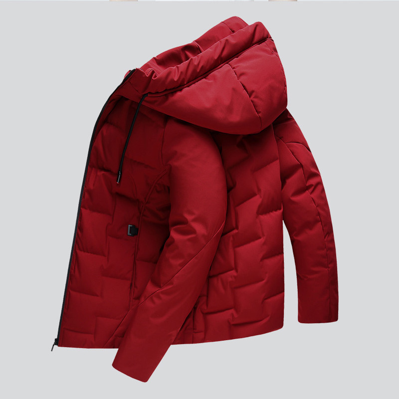 雪中飞羽绒服男短款连帽冬季新款纯色青年休闲加厚白鸭绒外套 180 红色