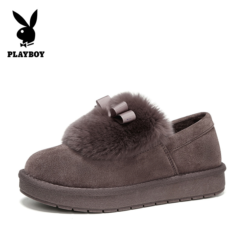 PLAYBOY/花花公子女鞋秋冬季新款甜美蝴蝶结装饰学生棉鞋厚底保暖加绒雪地靴女J12699247 豆沙色 39码