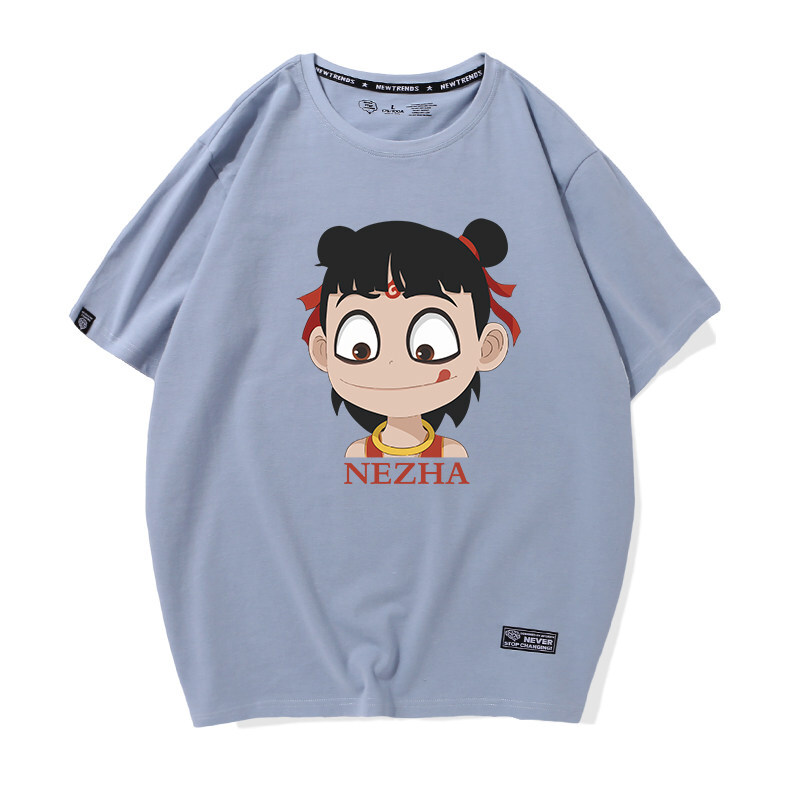 迪鲁奥（DILUAO)授权店铺 哪吒衣服哪咤魔童降世cos服装周边同款T恤敖丙三太子衣服宽松大码短袖同款 雾霾蓝吐舌头 L/175