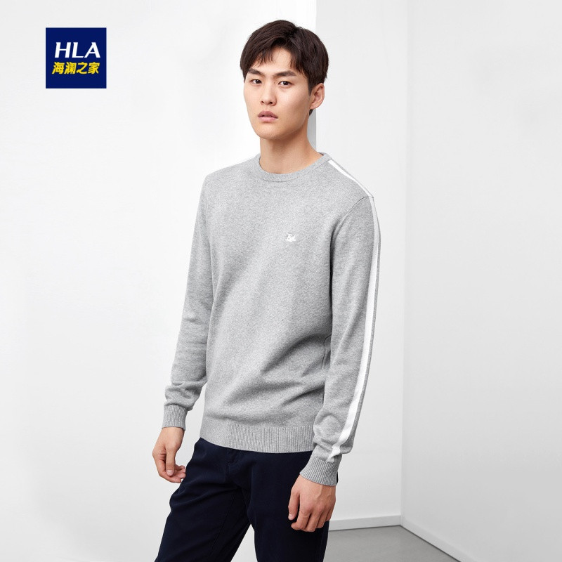 HLA/海澜之家时尚圆领长袖针织衫2019秋季运动感针织衫男 185/100A/XXL 浅灰镶拼81