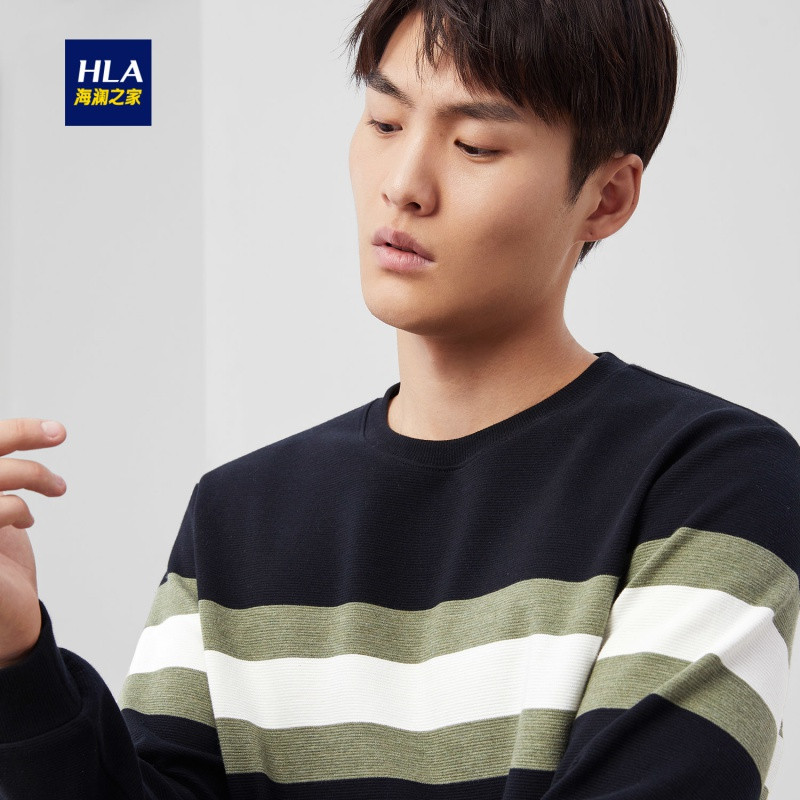 HLA海澜之家条纹圆领长袖T恤2019秋季简约舒适长T男 HNTAD3R060A 黑色镶拼60 175/92A/L