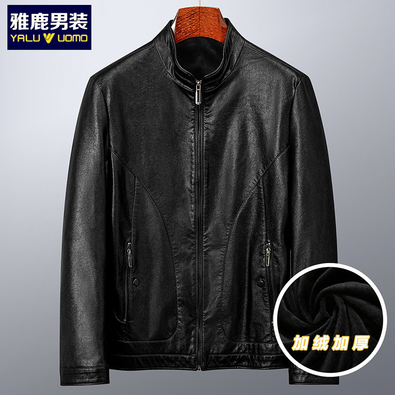 雅鹿男装秋冬新款立领短款修身皮夹克男士皮衣1103PA09901 S1(黑色) 190