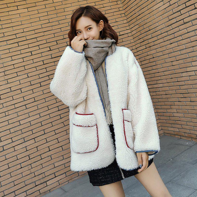 雪中飞毛呢大衣女短款2019冬季新款一体加厚毛绒外套潮_943 米白 均码
