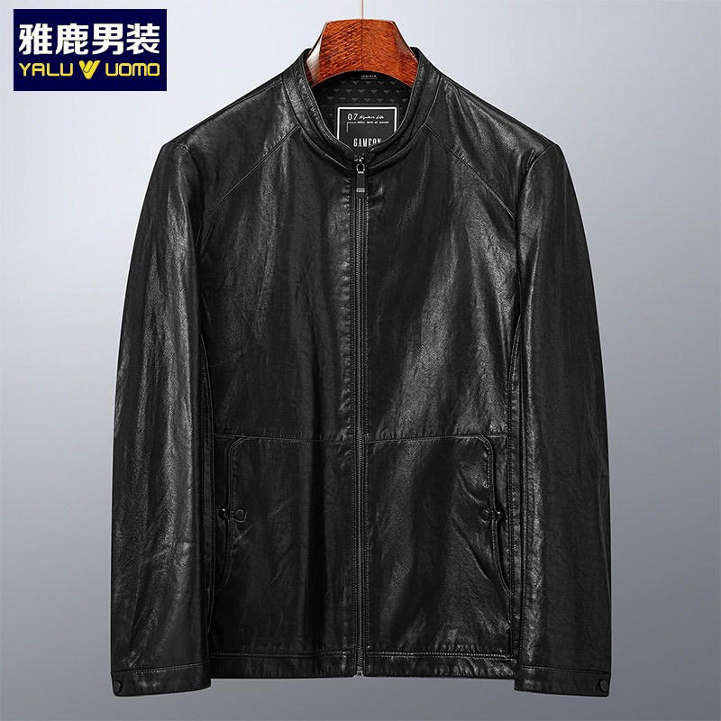 雅鹿男装皮衣男秋冬韩版商务休闲皮夹克外套男士皮衣1034PA01953 S1(黑色) 190