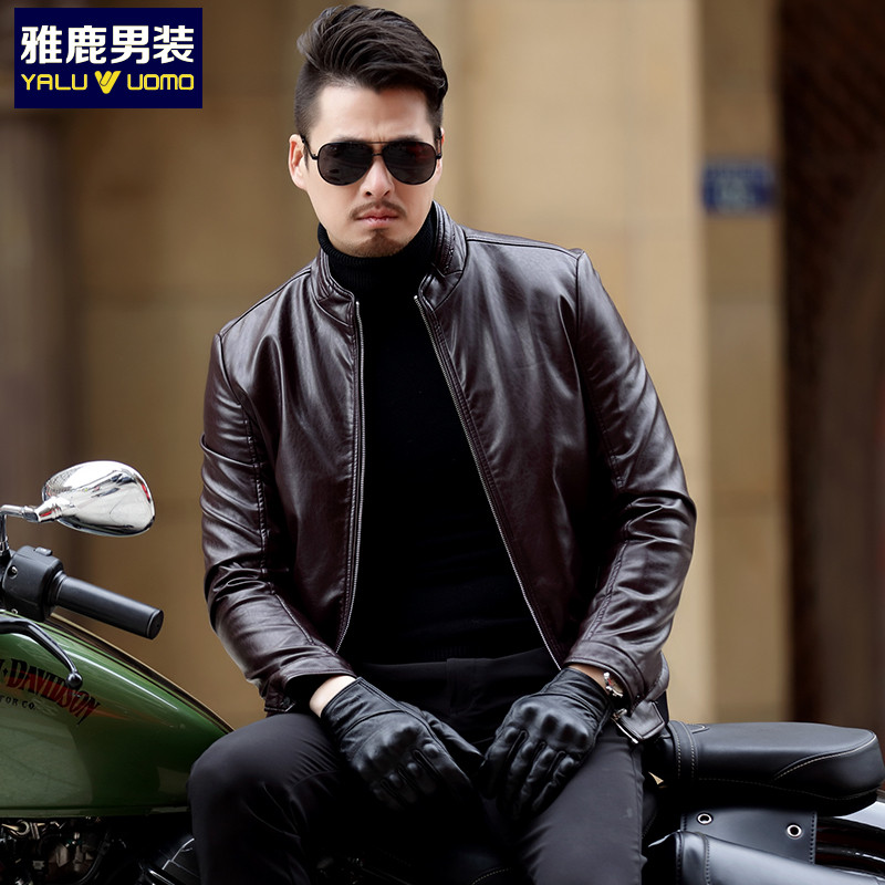 雅鹿男装皮衣男商务休闲立领皮夹克外套男士皮衣YL-688 酒红色 185