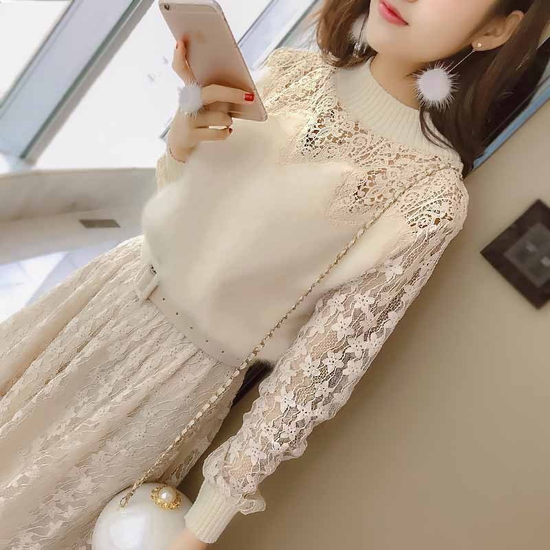 小样传奇 蕾丝连衣裙chic早秋装女2019新款韩版中长款长袖女装冬季打底裙子 杏色（加绒） S