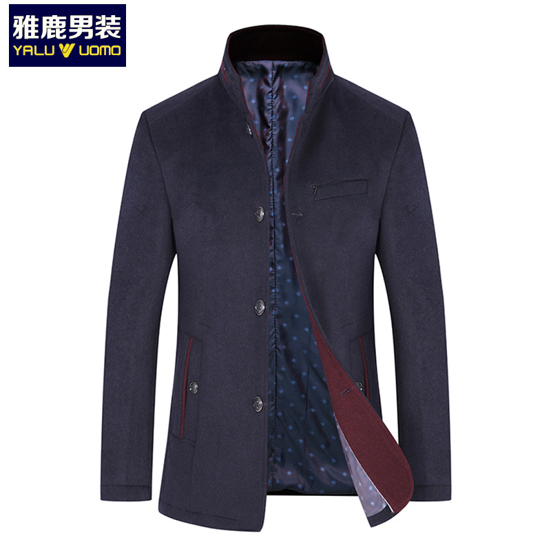 雅鹿男装毛呢大衣男立领修身男士大衣商务休闲外套YL-804 蓝色 180