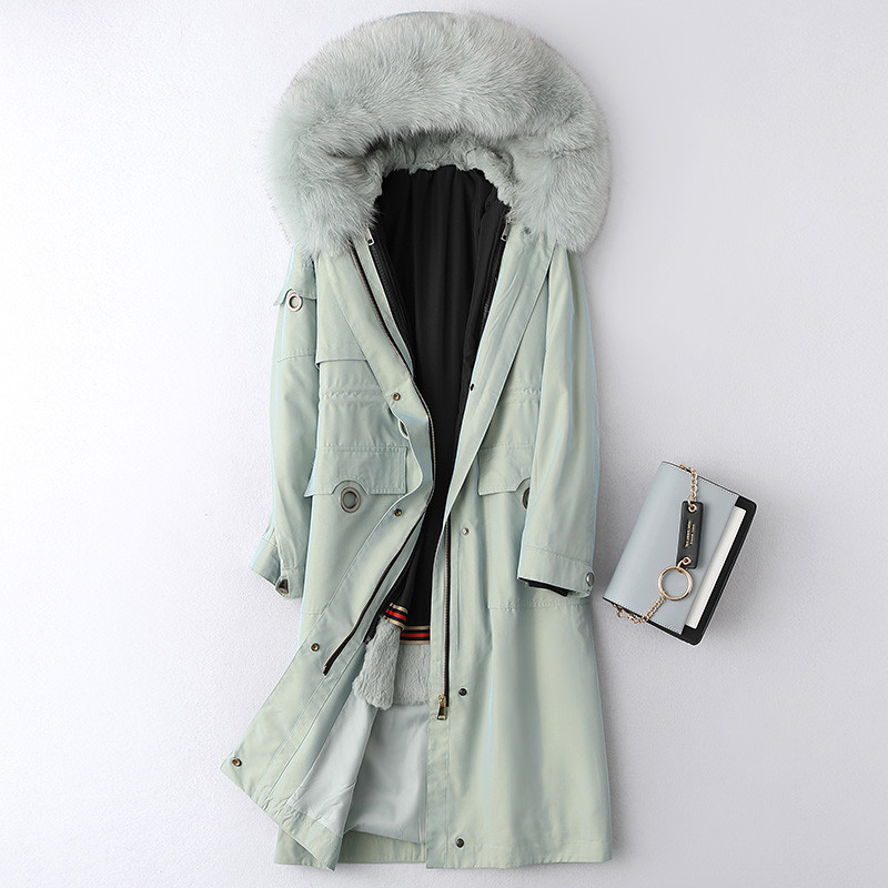 海宁2019秋冬新款兔毛内胆女士狐狸毛领派克服皮外套T XL 豆绿