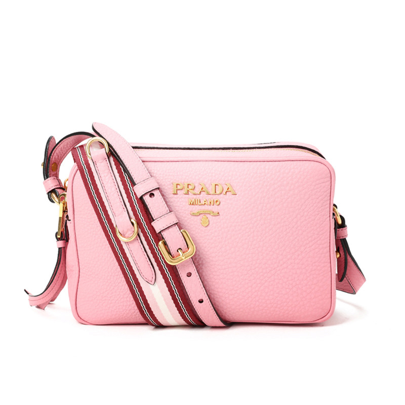 PRADA/普拉达 女包彩色织物肩带双层拉链单肩斜挎包 1BH082 樱花粉