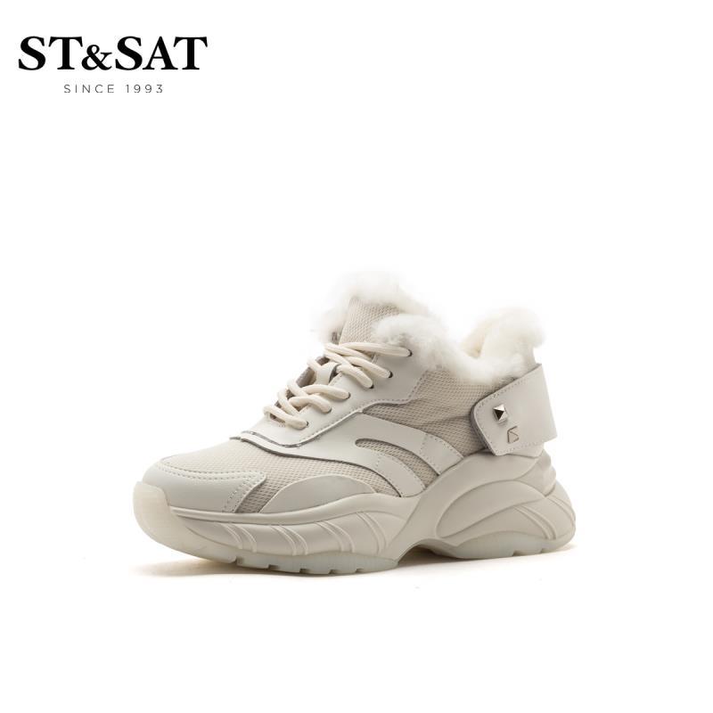 星期六(ST&SAT)女鞋2019新款秋鞋深口绒里老爹鞋单鞋女SS94112364 41米白 39码