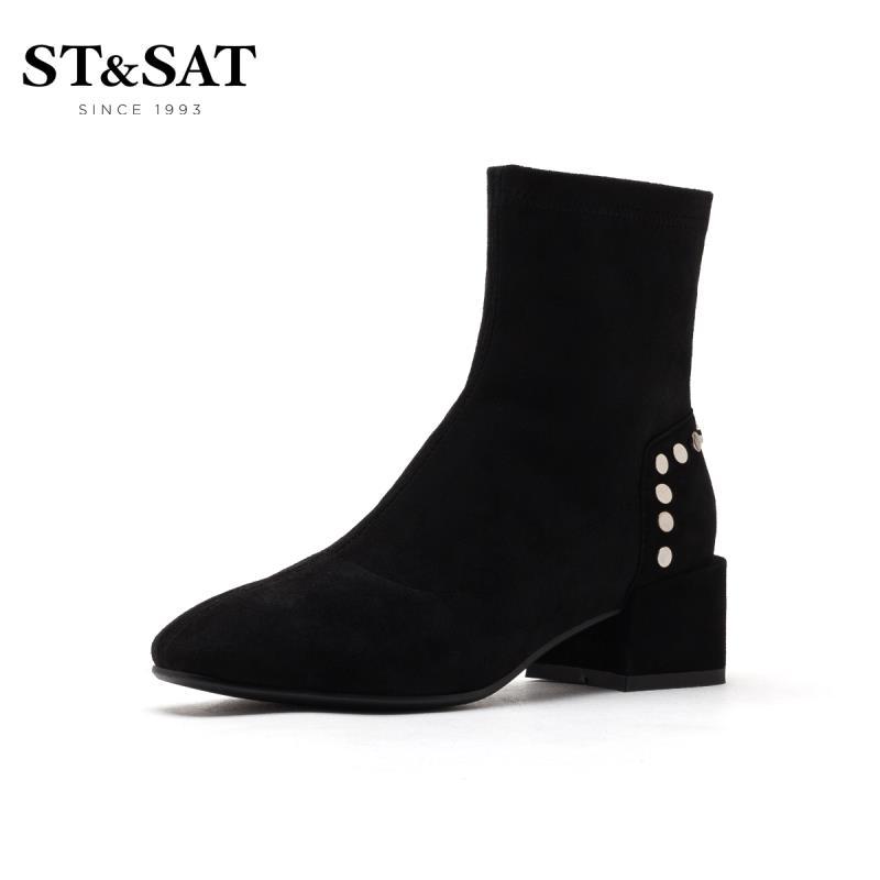 星期六(ST&SAT)2019秋冬新品粗跟时装靴瘦瘦靴女靴短靴SS94116325 11土黑 35码