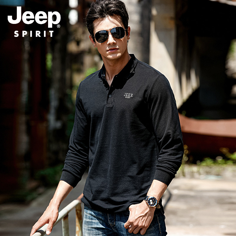 JEEP/吉普2019秋装新款纯色T恤男翻领打底衫商务休闲男装FSM XXL 黑色