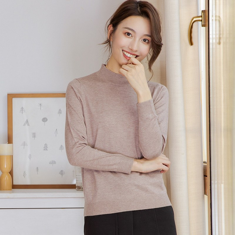 恒源祥半高领针织衫女2019秋冬新款纯色套头打底衫长袖毛衣含羊毛_2 175/96A 卡其